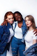 diverse multi nation girls group, teenage friends company cheerful having fun, happy smiling, cute posing isolated on white background, lifestyle people concept, african-american and caucasian