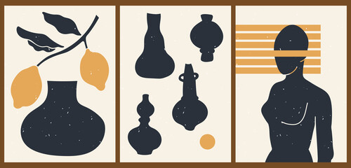 Set of three abstract minimalistic aesthetic backgrounds with vases, lemon, stripes, female silhouette. Trendy colorful vector illustration for social networks, web design in vintage boho style.