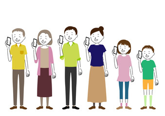 Illustration set of a person smiling while talking on a smartphone (three generation family)