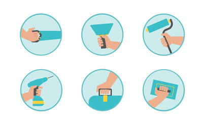 A set of modern construction, repair and finishing tools in the hands of a master Builder. Vector icons of a Builder, specialist, handyman, or home craftsman. Isolated on a white background.