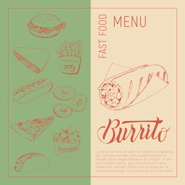 Sketch image of burrito in the style of a sketch on a craft background. Fast food menu - hot dog, burrito, Taco, hamburger, French fries, chicken wings. Vector template for labels, price tags, flyers.