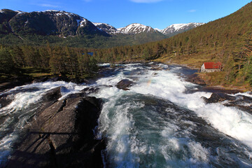 Likholefossen - river system and waterfalls in Gaularfjellet scenic route, Norway