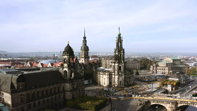 Drone footage of Dresden inner city with Frauenkirche, Germany