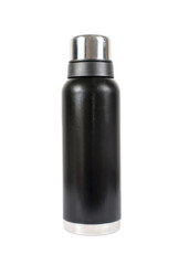 Black metal closed thermos isolated on white background