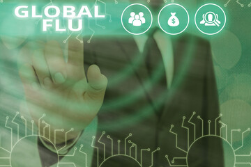 Writing note showing Global Flu. Business concept for Common communicable illness spreading over...