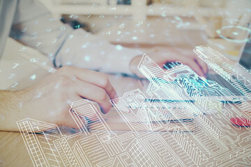 High tech city drawing with businessman working on computer on background. Smartcity concept. Double exposure.