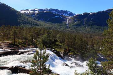 Likholefossen - river system and waterfalls in Gaularfjellet scenic route, Norway