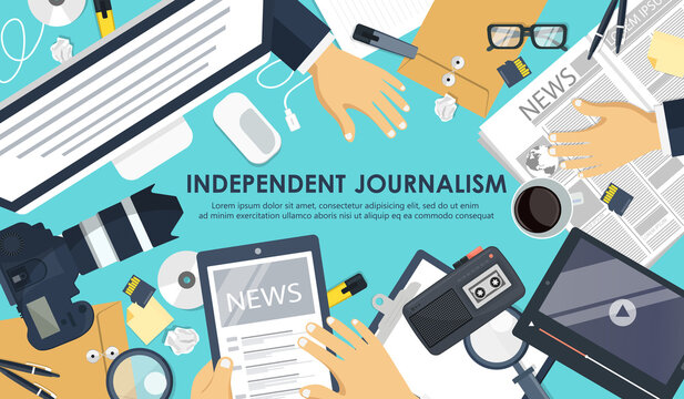 Independent journalism flat banner. Equipment for journalist. Man sitting on the floor and holding lap top in his lap. Flat vector illustration