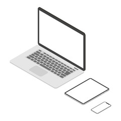 アイソメトリックのノートパソコン、タブレット、スマートフォン(左向き)