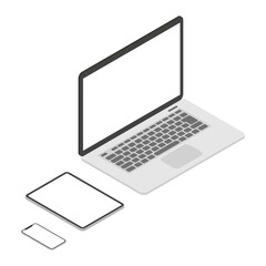 アイソメトリックのノートパソコン、タブレット、スマートフォン(右向き)