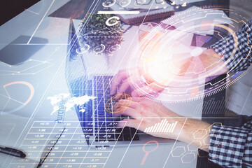 Obraz premium Multi exposure of tech drawings with man working on computer background. Concept of innovation.