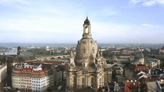 Drone footage of Dresden inner city with Frauenkirche, Germany