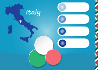 Italy template vector showing blind map of Italy with four blank labels and three circles ready for your text.