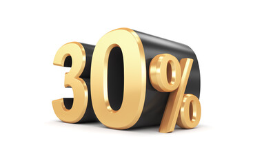 Black Friday. Black thirty percentages with gold decor on a white background. 3d render illustration.