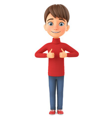 Cartoon character cheerful boy in winter clothes showing two thumbs up on isolated white background. 3d render illustration.