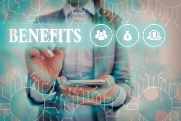 Text sign showing Benefits. Business photo text produces helpful results or effects that promote...