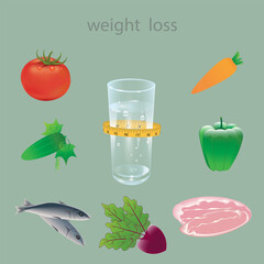Meat, fish, vegetables, carbonated water in a transparent glass - measuring tape - vector. Healthy food concept. Balanced nutrition products.