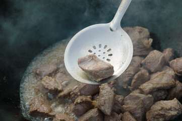 Lamb meat boiled in a bowl as Kazan