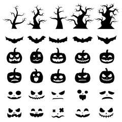 Set of Halloween pumpkin and tree with bat isolated on white background. Halloween and decoration concept. Vector illustration