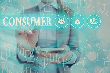 Text sign showing Consumer. Business photo text one that utilizes economic goods that are sold by...