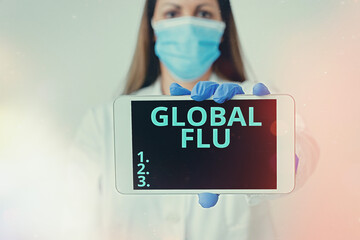 Writing note showing Global Flu. Business concept for Common communicable illness spreading over...