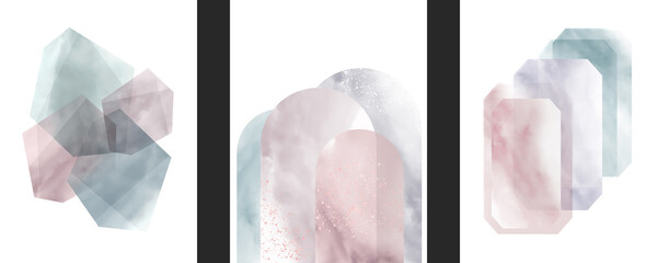 Set of modern illustration, painting on the wall art. Watercolor texture of marble, smoke, fog. Geometric shapes, lines, arches. Printing on covers, posters