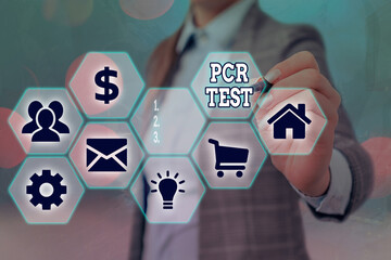 Conceptual hand writing showing Pcr Test. Concept meaning qualitative detection of viral genome within the short seqeunce of DNA Grids and different icons latest digital technology concept