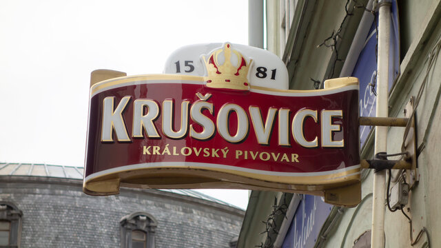 Prague, Czech Republic - Dec 23, 2015: Krusovice logo in Prague. Krusovice is a Czech brand of light lager beer.