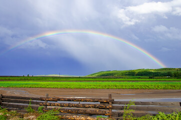 Countryside landscape with rainbow and green meadows.