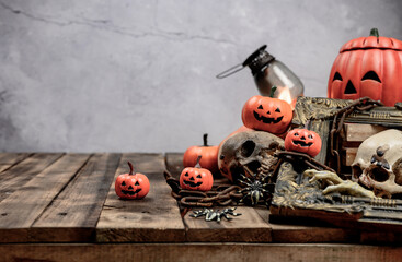 Halloween decoration. Trick or treat in autumn and fall season. Pumpkin face and scary symbol on...
