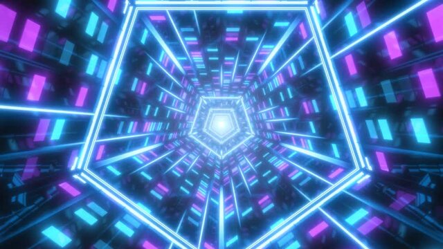 Sci-Fi Flashing Neon Lights Reflective Abstract Retro Pentagon Tunnel - 4K Seamless Loop Motion Background Animation
