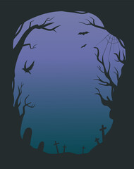 Graveyard silhouettes in the night. Cemetery black frame with spooky trees branches, flying bats and raven for Halloween greeting card