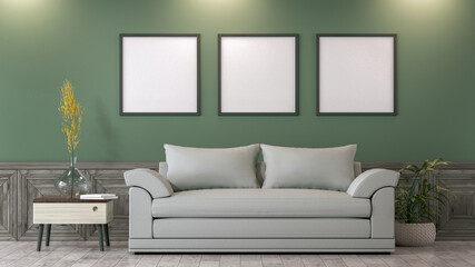 Square poster mockup with Three  frames on the empty Green wall in living room interior, Green living room interior, 3D Rendering