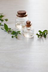 Meliotus officinalis essential oil (extract, infusion, remedy) bottle on wooden background