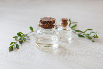 Meliotus officinalis essential oil (extract, infusion, remedy) bottle on wooden background