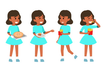 Cute little girl eating french fries and pie flat vector illustration isolated on different layers. with editable vector file