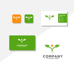 leaf people logo and business card vector