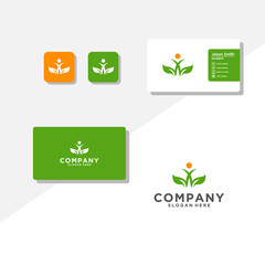 leaf people logo and business card vector