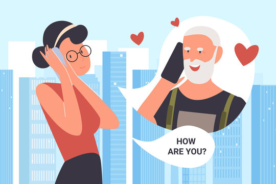 Family call vector illustration. Cartoon young happy woman character using mobile phone for calling parents, talking with old father or senior grandfather, standing on urban city street background