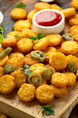 Mini hash browns, tater tots crispy golden potato bites served with jalapeno peppers dipped in ketchup