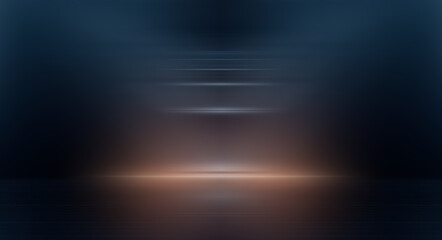 Obraz premium Modern minimalistic, futuristic studio background. Dark background with lines and spotlights, neon light, night view. Abstract blue background. Empty stage.