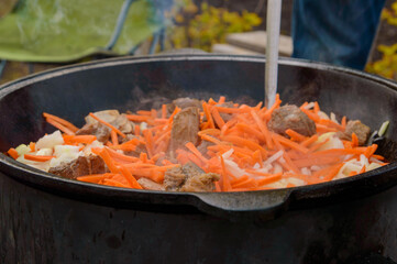meat in a cauldron with carrots and onions