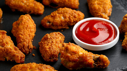 Spicy deep fried Chicken wings with ketchup on stone board