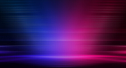 Modern minimalistic, futuristic studio background. Dark background with lines and spotlights, neon light, night view. Abstract blue background. Empty stage.