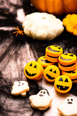Macarons for halloween holiday party, Creative idea for Halloween treats, funny macaron cookies.