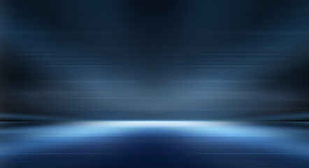 Modern minimalistic, futuristic studio background. Dark background with lines and spotlights, neon light, night view. Abstract blue background. Empty stage.