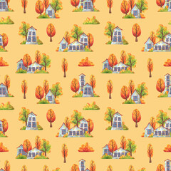 Fototapeta premium Streets of the autumn city. Yellow seamless pattern with houses and falling trees. Decorative print for fabrics, textiles. Endless background with children's watercolor illustrations. Stock image