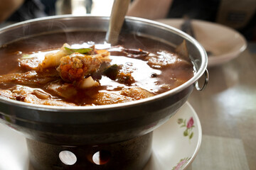 Thai crab sour soup with bamboo shoots