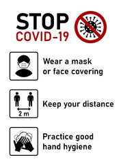 Stop Covid-19 Coronavirus Rules Set including Wear a Mask or Face Covering, Keep Your Distance 2 m or 2 Metres and Practice Good Hand Hygiene. Vector Image.