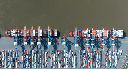 trade, ships and containers looking down aerial view from above, bird’s eye view, port of Bremerhaven, Germany